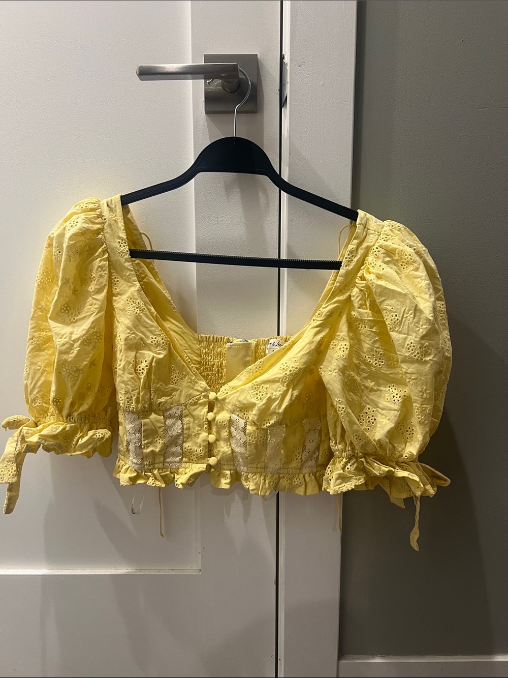 For Love And Lemons Yellow Eyelet Puff-Sleeve Crop Top